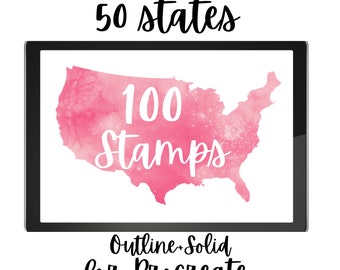 50 States for Procreate - 100 Stamps 50 Outline and 50 Solid for All 50 States of America. Independence Day 4th of July. Commercial License.