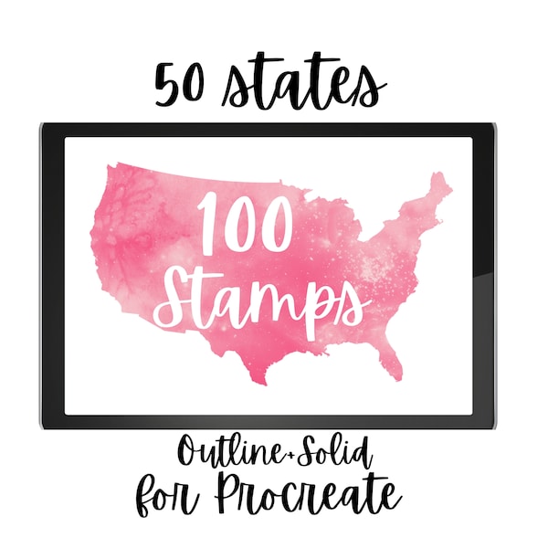 50 States for Procreate - 100 Stamps 50 Outline and 50 Solid for All 50 States of America. Independence Day 4th of July. Commercial License.