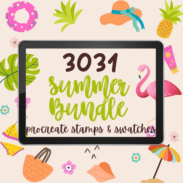 3031 Summer Procreate Bundle. Summer Stamps and Color Palettes. Summer Elements like Bee Berry Car Garden Sunflower Summer Drinks Beach Yoga