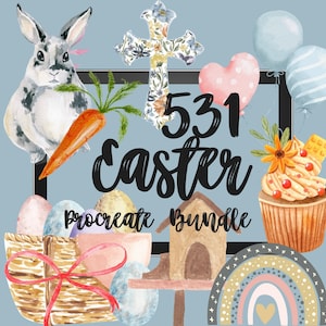 May include: A digital illustration bundle of 531 Easter-themed graphics. The bundle includes a bunny rabbit, a cross with floral accents, a heart, eggs, a birdhouse, a rainbow, and a cupcake.