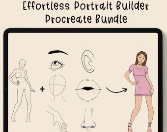 Ensemble Portrait Builder Procreate sans effort. 360 timbres pour le corps tête yeux nez bouche oreilles mains et 16 palettes de couleurs pour les cheveux de la peau, etc.