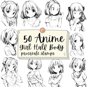 50 timbri per schizzi di metà corpo di ragazze anime per Procreate: velocizza la progettazione dei personaggi con semplici modelli di schizzi per la parte superiore del corpo di donne anime giapponesi