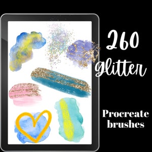 May include: A digital tablet screen displaying a collection of 260 glitter Procreate brushes. The brushes are shown as colourful watercolour shapes with gold glitter accents.