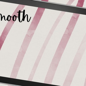 May include: A digital tablet with a white background and pink watercolor stripes. The word "smooth" is written in black cursive at the top of the screen.