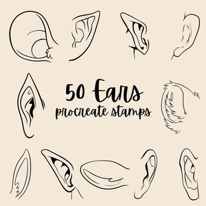 May include: A collection of black line art ear illustrations on a beige background. The image includes various ear shapes and styles, with the text "50 Ears procreate stamps" in the center.