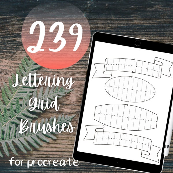 239 Lettering Grids Procreate Brushes. Enthält Letter Builder, Word Builder und Composition Grids, Texture Brushes, Hand Lettering Brushes.