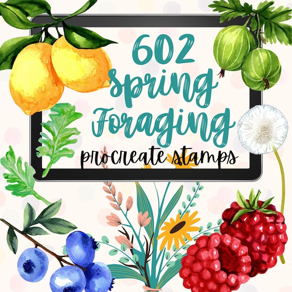 602 Spring Foraging Procreate Bundle. Spring Floral Foliage Fruit Vegetable Stamps. Spring Elements Including Lemon Berry Basket Tablecloth.