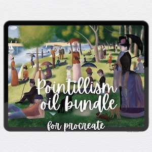 May include: A digital painting on a tablet screen depicts a pointillism oil bundle for Procreate. The artwork showcases a park scene with figures, trees, and a lake, reminiscent of a classic painting style. The text "Pointillism oil bundle for Procreate" is displayed.