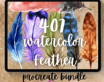 407 Feather Procreate Bundle. 20 Feather Sketch Procreate Brushes, 87 Watercolor Feather Procreate Stamp, 300 Procreate Color Palette Swatch