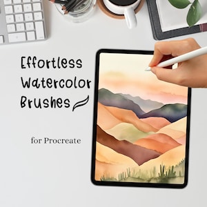 May include: A digital tablet displays a watercolor landscape painting in shades of orange, brown, green, and blue. The text "Effortless Watercolor Brushes for Procreate" is on the left. A hand holds a stylus, suggesting digital art creation.