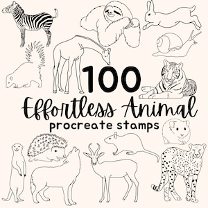 100 sellos de procreación de animales sin esfuerzo. 50 pinceles sólidos y 50 líneas Procreate de Tiger Wolf Llama SlothRhino Raccoon Rabbit Alpaca Lion, etc.