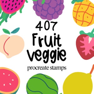 May include: A set of 407 fruit and veggie stamps for Procreate. The stamps feature a variety of fruits and vegetables, including a watermelon, a peach, a lemon, a strawberry, a pineapple, a blackberry, and a dragon fruit.
