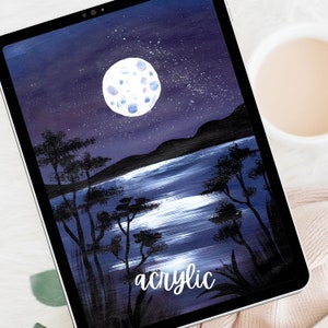May include: A painting of a moonlit night scene with a full moon, a dark lake, and trees silhouetted against the horizon. The painting is titled "acrylic" in white cursive lettering.