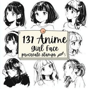 137 Anime Girl Face Sketch Stamps for Procreate – Speed Up Your Character Design with Easy Japanese Anime Women Draft Templates