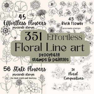 May include: A collection of floral line art Procreate stamps and palettes. The image features the text "351 Effortless Floral Line art" and includes stamps for effortless flowers, birth flowers, state flowers, and floral compositions.