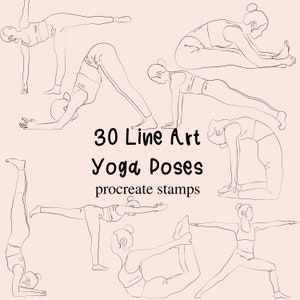 30 Common Yoga Poses Line Art Procreate Stamps. Downward Facing Dog, Warrior Pose, Cat Cow Yoga, Hip Shoulder Back Neck Zen Exercise