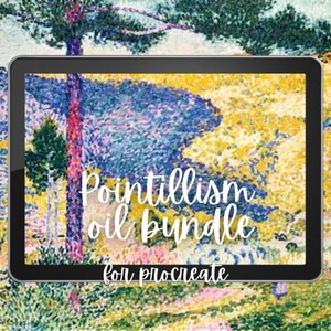May include: A digital tablet screen displaying a colourful image of a landscape with a tree in the foreground. The text "Pointillism oil bundle for procreate" is displayed on the screen.