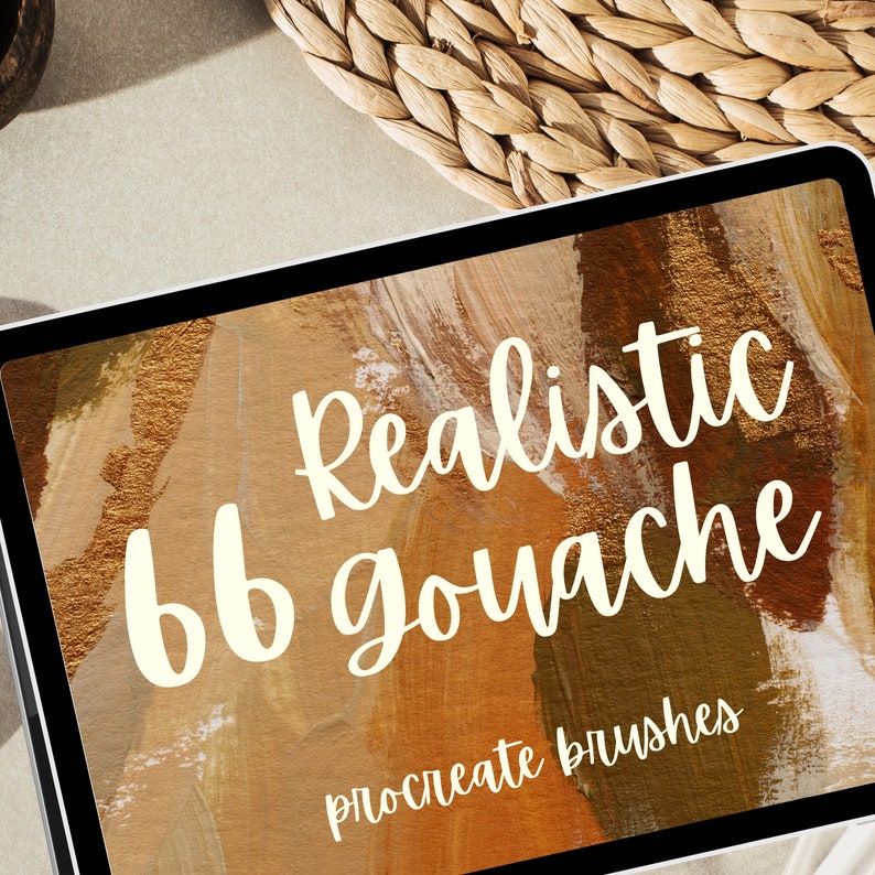 May include: A digital tablet displaying a graphic with a brown and beige abstract background. The text "Realistic 66 gouache brushes procreate brushes" is written in white on the background.