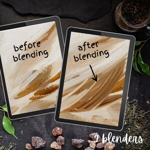 May include: Two digital tablets displaying the same abstract painting, one labeled "before blending" and the other "after blending". The painting is a mix of brown and beige brushstrokes. The text "2 blenders" is written below the tablets.