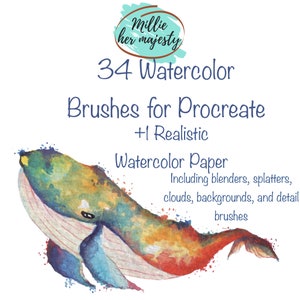 May include: Digital watercolor brushes for Procreate, featuring a colorful whale illustration. The image includes text that reads "34 Watercolor Brushes for Procreate +1 Realistic Watercolor Paper". Includes blenders, splatters, clouds, backgrounds, and detail brushes.