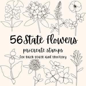 May include: A set of 56 black and white line drawings of state flowers. The flowers are arranged in a circle around the text "56 State Flowers Procreate Stamps for each state and territory".
