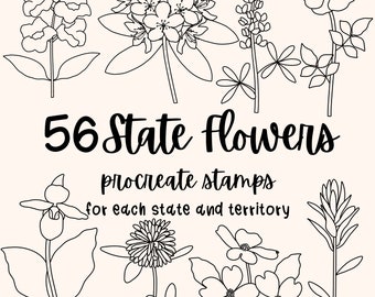 56 timbres de procréation de fleurs d'État : 1 pour chaque État, territoire et DC. Violet Coquelicot Rose Pivoine Cactus Camilla Laurier Hibiscus Tournesol etc.