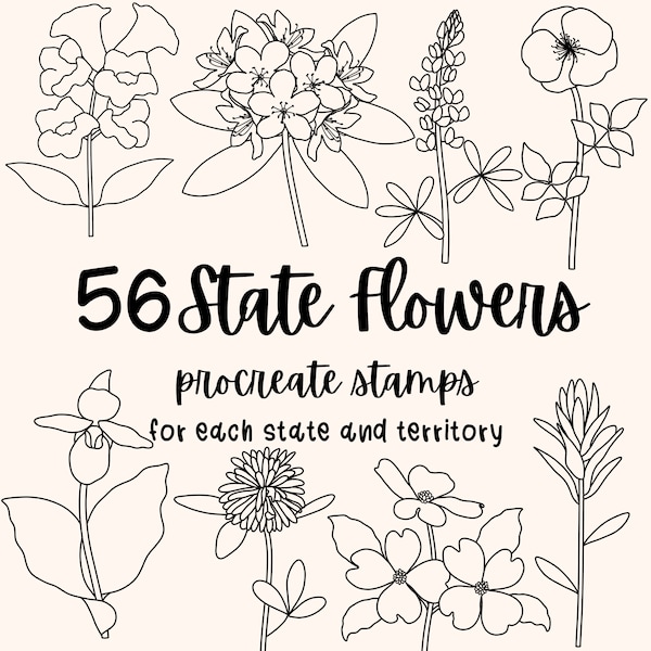 56 timbres de procréation de fleurs d'État : 1 pour chaque État, territoire et DC. Violet Coquelicot Rose Pivoine Cactus Camilla Laurier Hibiscus Tournesol etc.