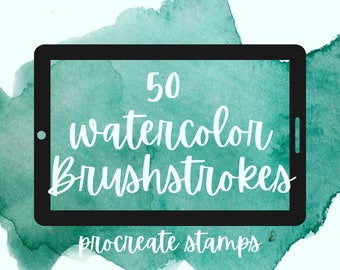 50 Aquarell Pinselstriche Procreate Stempel. Handgemalte realistische Aquarell-Texturen in allen Formen. Kommerzielle Lizenz.