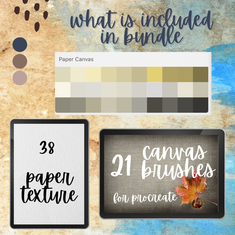 May include: A digital tablet screen displaying a collection of 38 paper textures and 21 canvas brushes for Procreate. The text "what is included in bundle" is displayed at the top of the image.