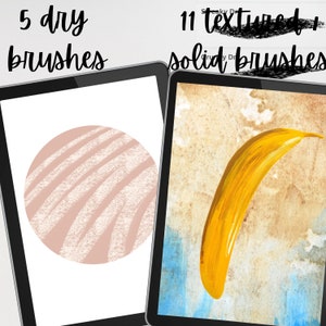 May include: Two digital art canvases, one with a pink circle with white textured lines and the text "5 dry brushes", and the other with a yellow banana shape on a brown and blue background with the text "11 textured & solid brushes".