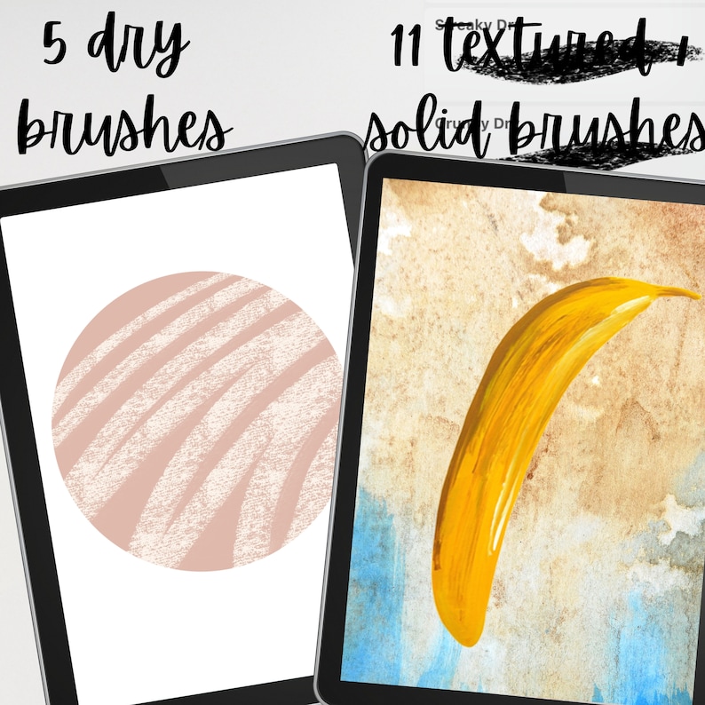 May include: Two digital art canvases, one with a pink circle with white textured lines and the text "5 dry brushes", and the other with a yellow banana shape on a brown and blue background with the text "11 textured & solid brushes".