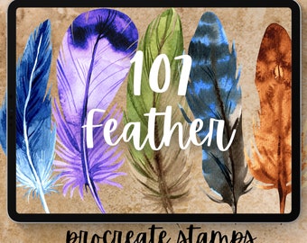 107 Feather Procreate Stamps. 87 Watercolor Feather and 20 Feather Sketch. Airy Mystical Boho Abstract Art Style. Commercial License.