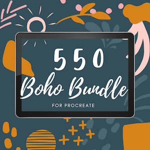550 Boho Procreate Bundle. Watercolor Feather, Feather Sketch, Sun Moon Star, Evil Eyes, Abstract Shapes, Boho Elements, Procreate Swatches.