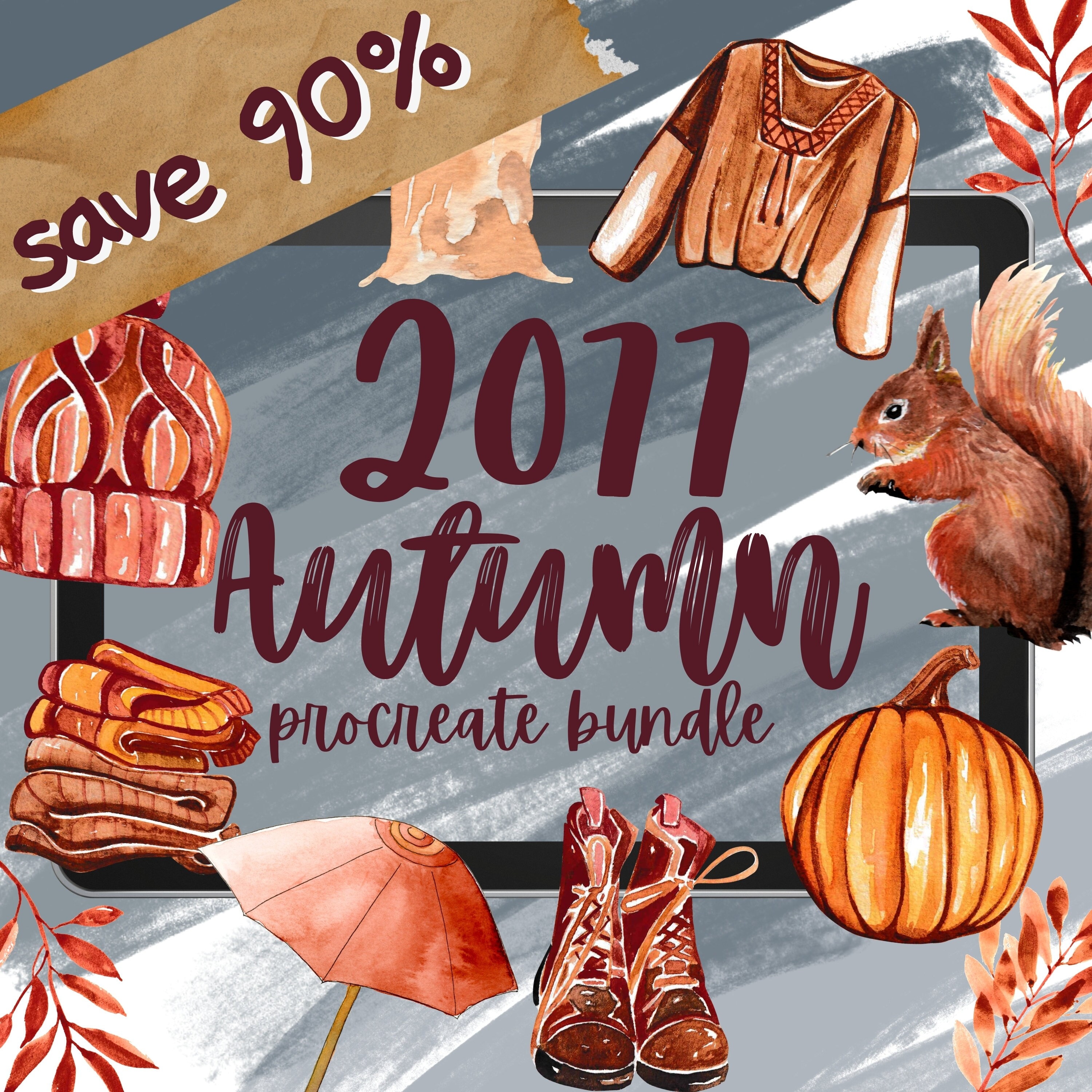 2077 Pack de procréation d'automne. Timbres d'automne et palettes de couleurs. Éléments d'automne comme le champignon, la pomme, la citrouille, l'écureuil, les bottes à tarte, le pull, etc.
