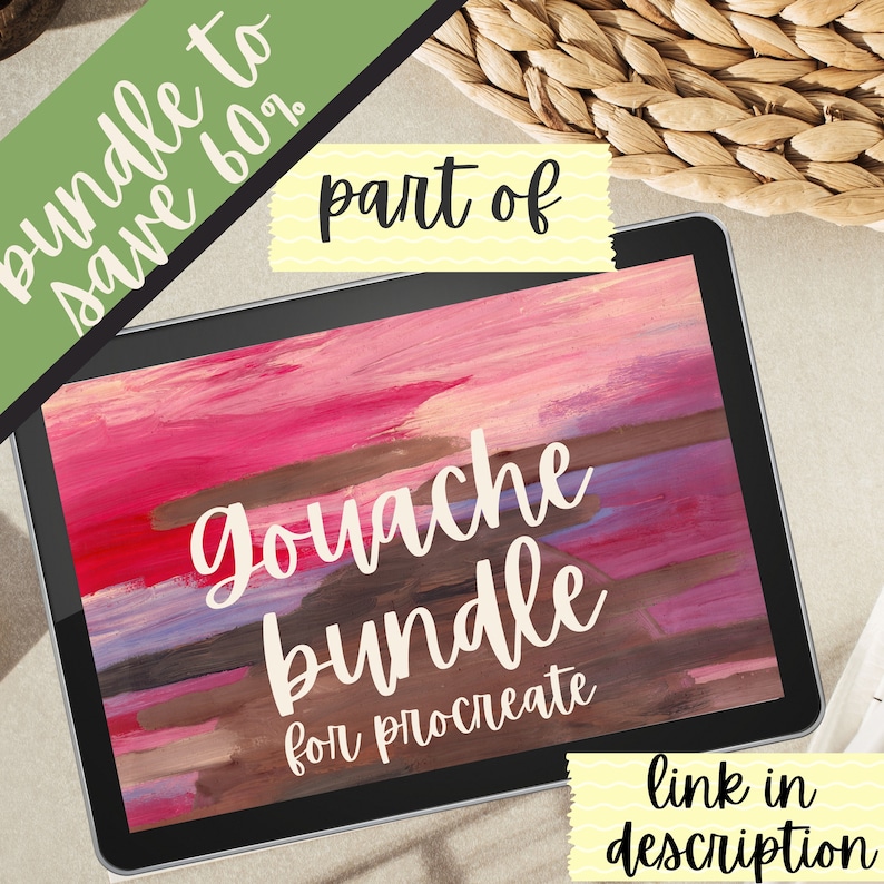 May include: A digital tablet displaying a colorful abstract gouache painting with the text "gouache bundle for procreate" and the words "bundle to save 60%" and "part of" in yellow text boxes. The text "link in description" is also visible in a yellow text box.