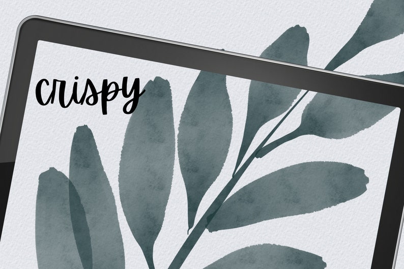 May include: A digital tablet screen displaying a watercolor illustration of a leafy branch with the word "crispy" written in black cursive.
