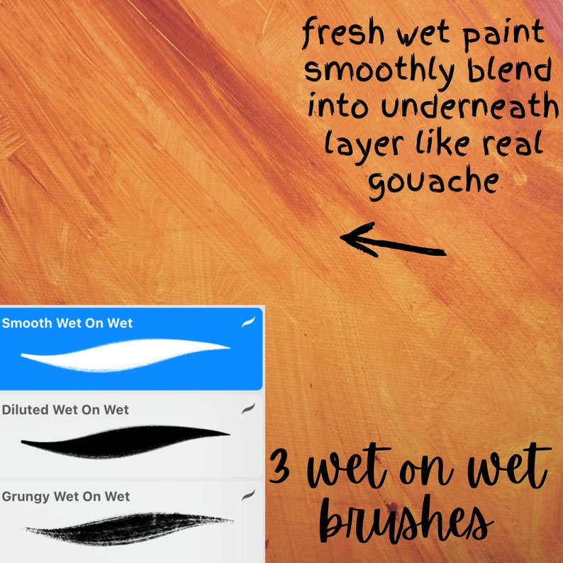 May include: A digital illustration of three different wet-on-wet brushes for digital painting. The brushes are labeled "Smooth Wet On Wet", "Diluted Wet On Wet", and "Grungy Wet On Wet". The text "fresh wet paint smoothly blend into underneath layer like real gouache" is written above the brushes. The text "3 wet on wet brushes" is written below the brushes.