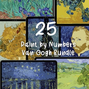 May include: A selection of digital art pieces in the style of Van Gogh, shown on tablets. The image showcases several of his well-known paintings, such as sunflowers, starry night, and irises. The text "25 Paint by Numbers Van Gogh Bundle" is displayed.