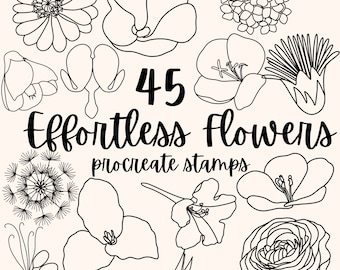 45 Timbres de procréation de fleurs simples: Croquis Dessin au trait Floral Procréer des pinceaux de coeur saignant Oiseau de paradis BlueBell Calendula Pissenlit