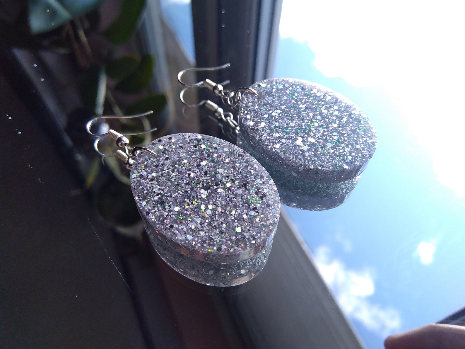 Beaded valentines earrings unique valentines day gifts Large Oval Silver and White Resin Glitter Earrings | Etsy