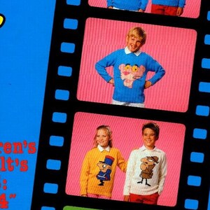 May include: A colorful illustration of the word "intarsia" with a film strip showing four different children wearing sweaters with cartoon characters. The text below the illustration reads "Children's & Adult's SIZES: 24" - 44" 4 ply wool".