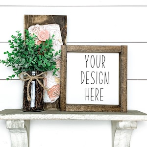 Square Sign Mockup |6x6 8x8 12x 12  frame Mockup | Shelf Farmhouse Mockup | Framed Mockup | Wood Sign greenery | Styled Stock Photo