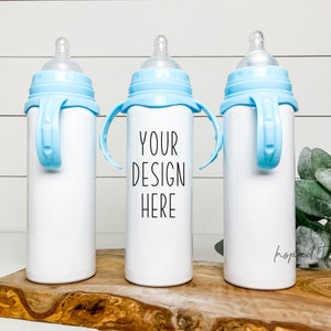 Baby Bottle Mockup | Set Of 3 blue bottles White | Boho Wrap Around Mock Up JPEG and PNG | bottle full wrap sublimation Template
