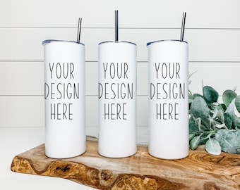 Skinny Tumbler Mockup | Set Of 3 Thermal Cups White | Boho Wrap Around Mock Up JPEG and PNG | 20 oz Tumbler full wrap sublimation Template