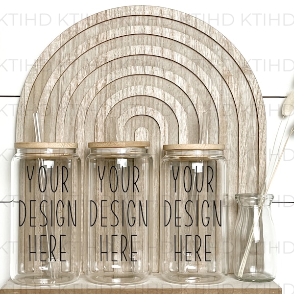 Glass can mockup | Boho Arch Rainbow 3 bubble tea  cup mock-up | Sublimation JPEG and PNG files | three can mockup