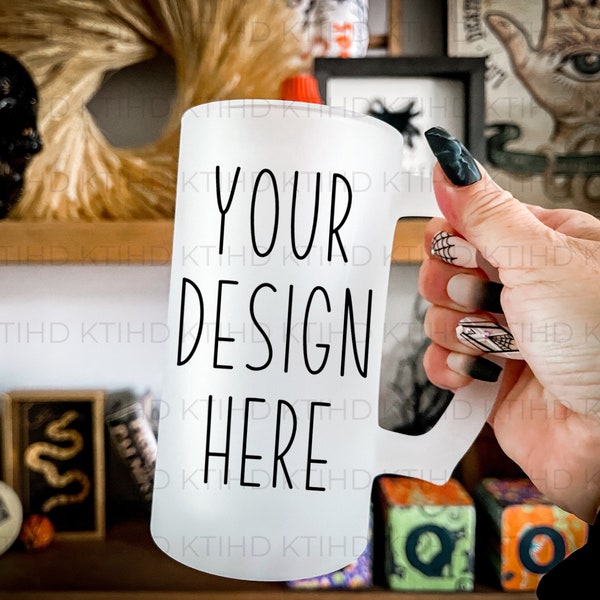 Frosted Beer Stein Mockup | 16 oz beer Mug Mock-up | Halloween hand held shelf Mockup | Styled handled glass | sublimation