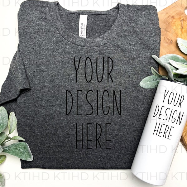 Bella Canvas 3001  AND skinny tumbler mockup | heather gray  T Shirt Mockup | 3001 Mockup | T Shirt Stock Photo | unique T-shirt mock up