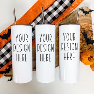 Skinny Tumbler Mockup | Set Of 3 Thermal Cups White | Halloween Wrap Around  JPEG and PNG | 20 oz Tumbler full wrap sublimation Template