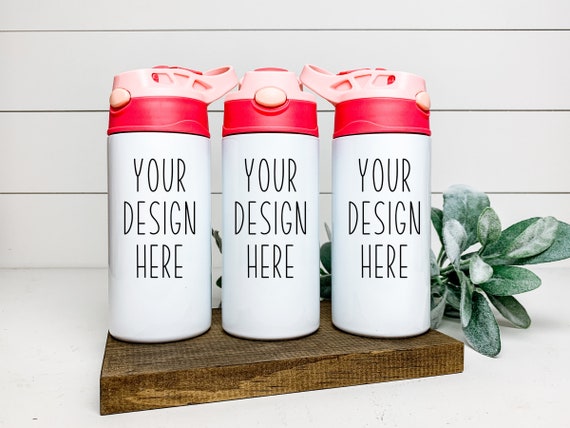 Kids Cup Mockup Set of 3 Thermal Flip Top Sippy Cups Pink JPEG and PNG Full  Wrap Sublimation Water Bottletemplate 