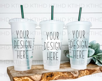 24 oz Cold Cup Mockup | Venti Size, Three Cups (JPEG & PNG)